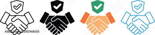 Set of handshake icons with a check mark shield representing secure business partnerships trusted agreements and successful corporate contract protection.