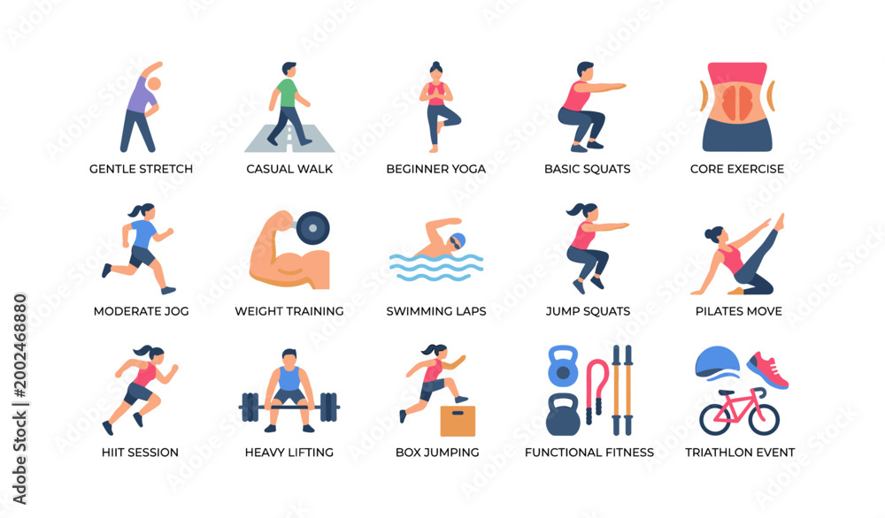 Fototapeta premium Fitness activity icons showing exercises and training in grid