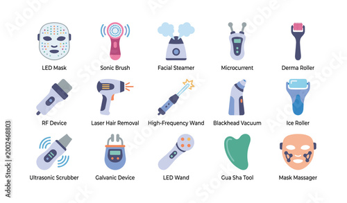 Facial device icons showcasing tools used in skincare treatments
