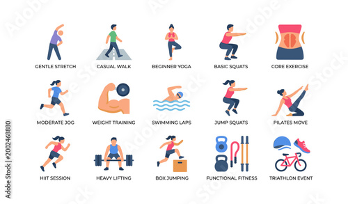 Fitness activity icons showing exercises and training in grid