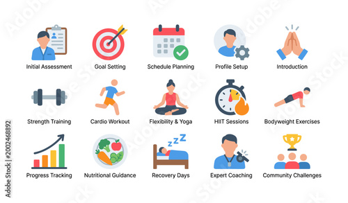 Multiple fitness icons illustrating program features on white base