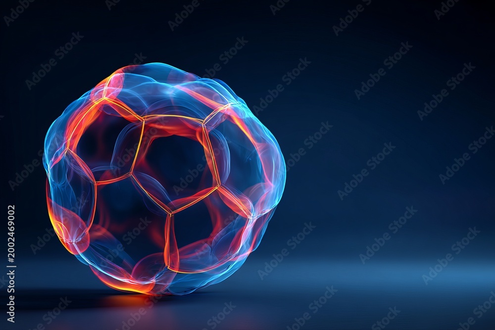 Naklejka premium Cinematic glowing football design with vibrant light waves and copy space,Abstract soccer ball glowing with blue and orange energy on dark background,Futuristic football concept featuring glowing neon