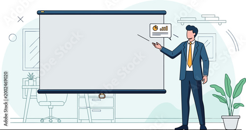 Professional businessman presenting on a large blank projection screen in a modern office.