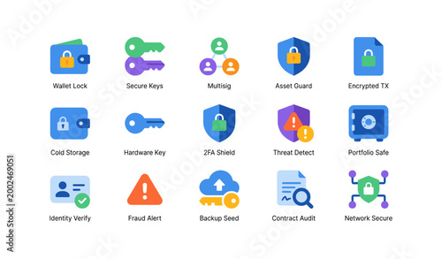 Icons of wallet lock and security features on white background