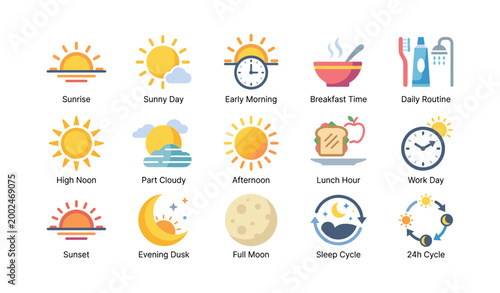 Time of day and routine icons displayed on white background