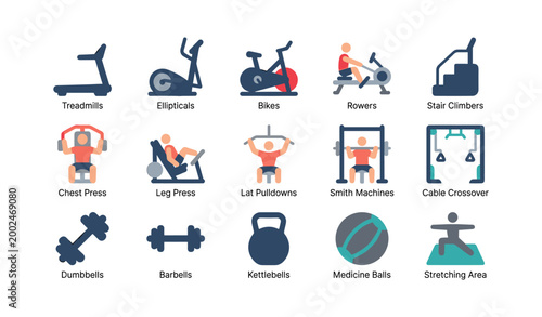 Gym equipment and machine icons displayed on white background