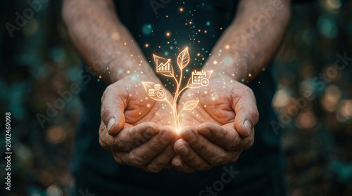 A person holds their hands together as digital icons of growth and sustainability emerge from their palms