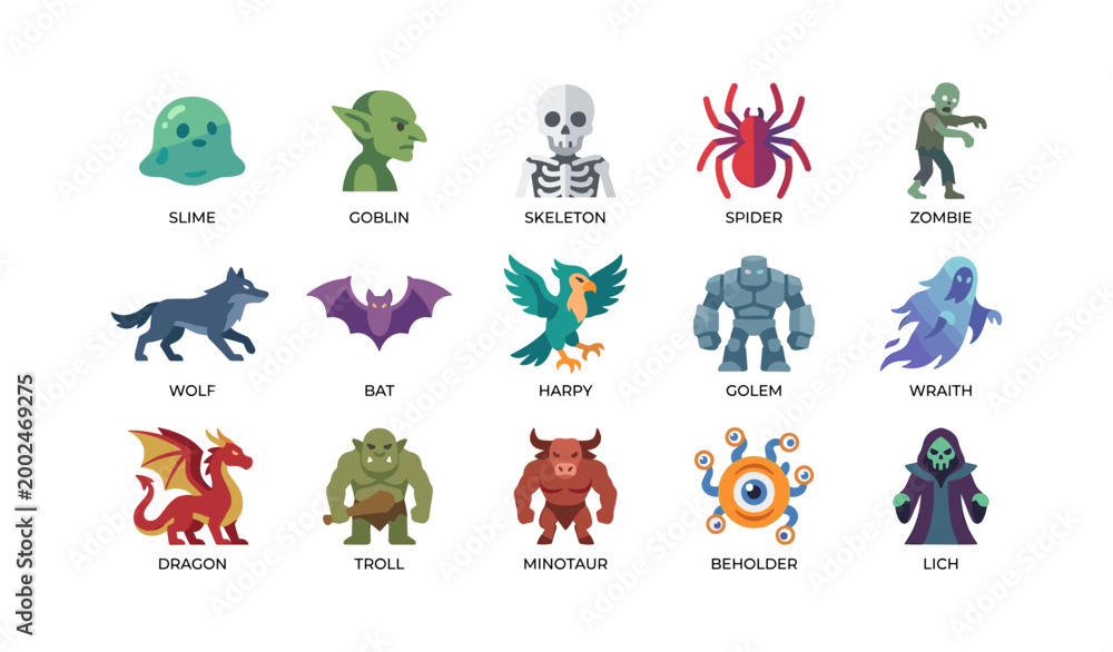 Obraz premium Fantasy monster icons showing mythical creatures on white background