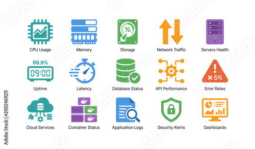 Server monitoring icons showing system metrics on white background