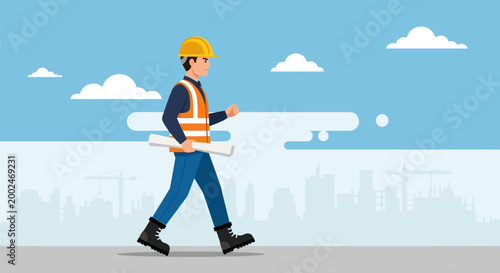 Professional construction worker in safety gear walking with blueprints.
