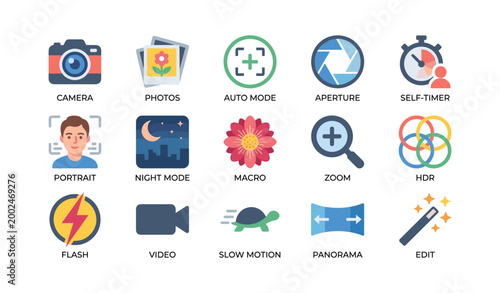 Photography icons showing shooting modes on white background