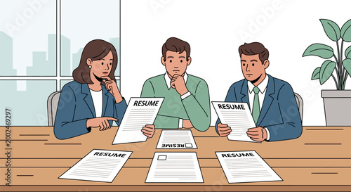 Professional interviewers reviewing job applicant resumes at office table.