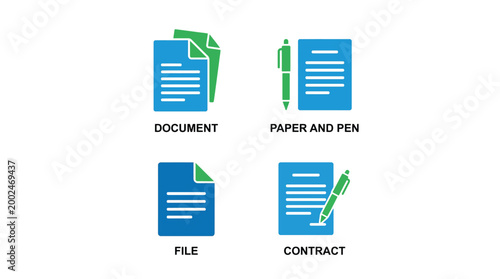 Vector graphic illustration of Set of document icons with paper and pen Vector