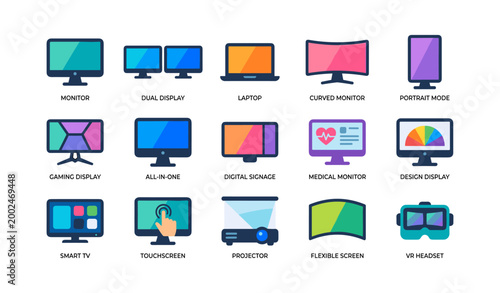 Various monitor and display icons illustrating screen types and modes