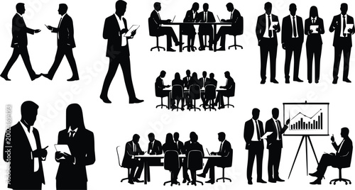 Business People Silhouettes Set Meetings, Teamwork, Presentations