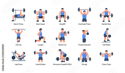 Exercise icons showing weightlifting and gym moves on white background