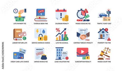 Set of penalty icons showing fines and fees on white background
