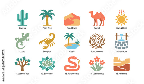 Desert nature icons showing plants animals and landscape features