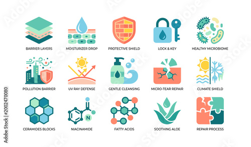 Skincare component icons illustrating barrier and repair on white