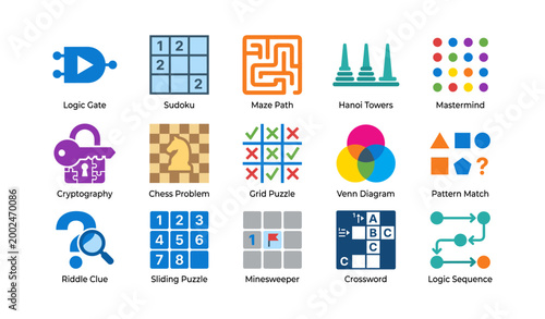 Puzzle icons representing logic and board games in grid