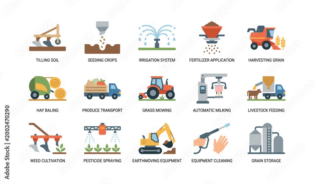 Naklejka premium Agricultural icons showing farm tasks on white background