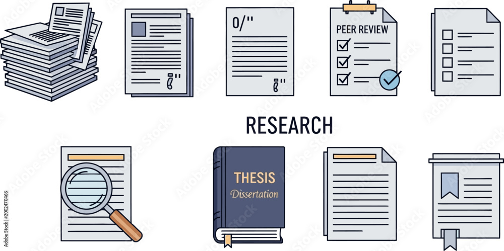 Fototapeta premium Set of academic research and study document icons.