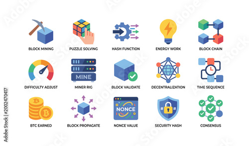 Blockchain mining icons arranged in a grid on white background