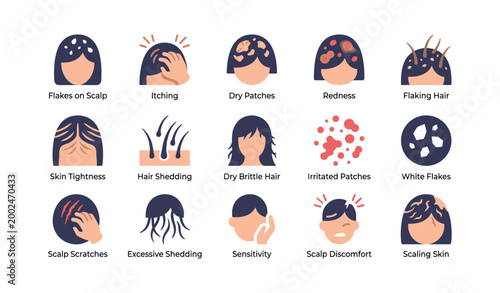 Scalp icons illustrating symptoms and skin issues on white