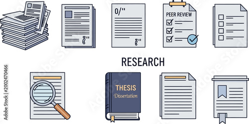 Set of academic research and study document icons.
