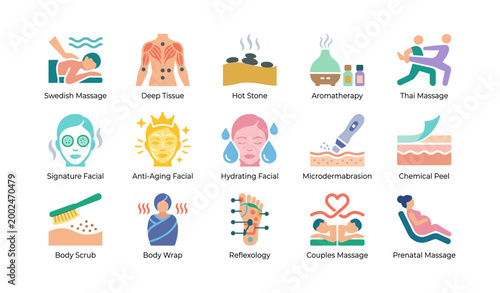 Spa service icons displaying treatments on white background