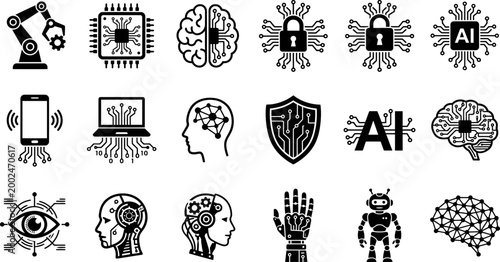 Set of Artificial Intelligence and Advanced Technology Vector Icons.