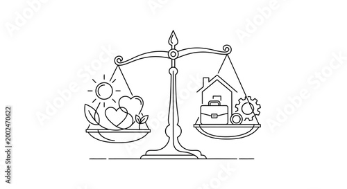 Minimalist line art illustration of a scale balancing work and life icons.