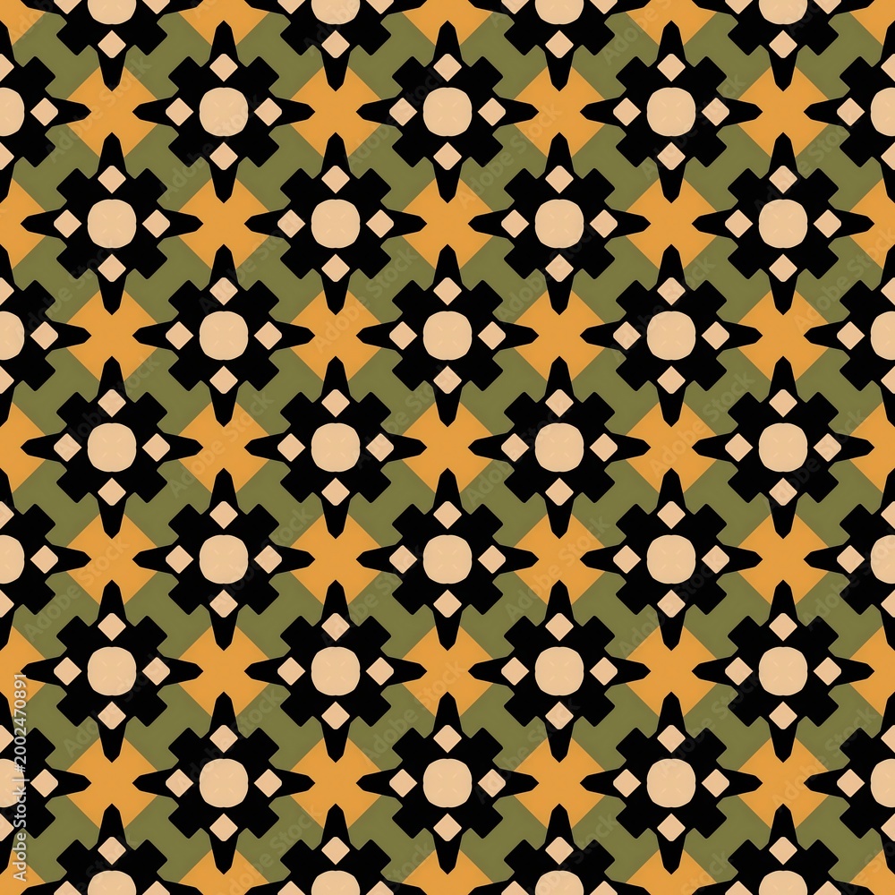 Naklejka premium A pattern of squares and circles in black and yellow. The squares are in different sizes and the circles are in different sizes and colors