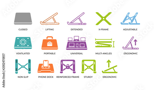 Laptop stand icons showing positions and features on white background
