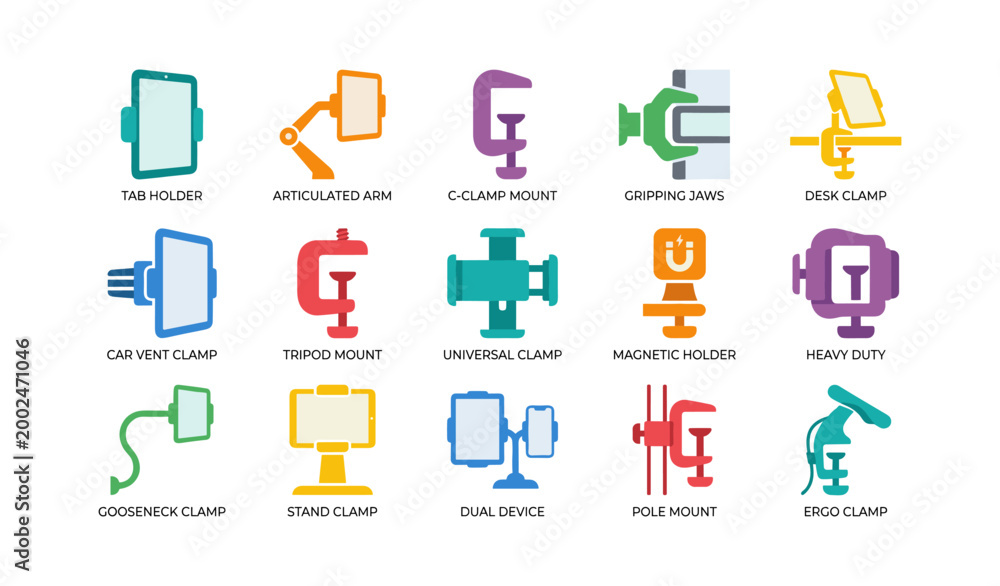 Fototapeta premium Device clamp and mount icons showing mounting options in grid