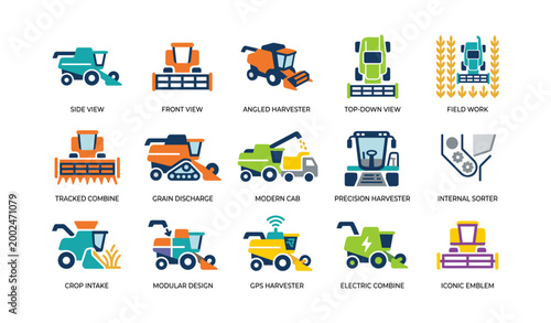 Combine harvester icons showing views and functions on white