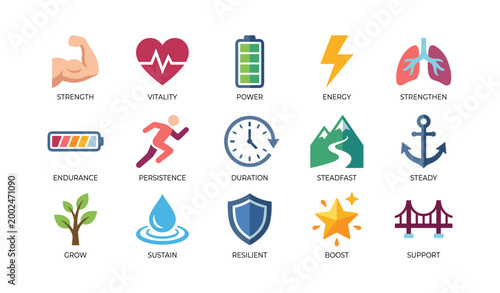 Strength icons representing fitness and wellbeing on white