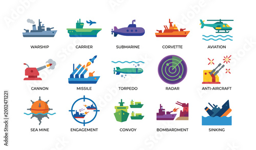 Naval and maritime combat icons showing warship and weapon systems