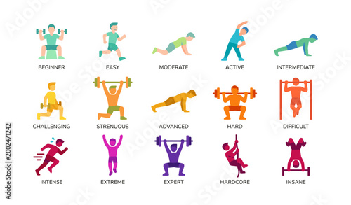 Fitness difficulty level icons showing exercises on white background
