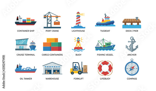 Maritime and port equipment icons arranged on white background