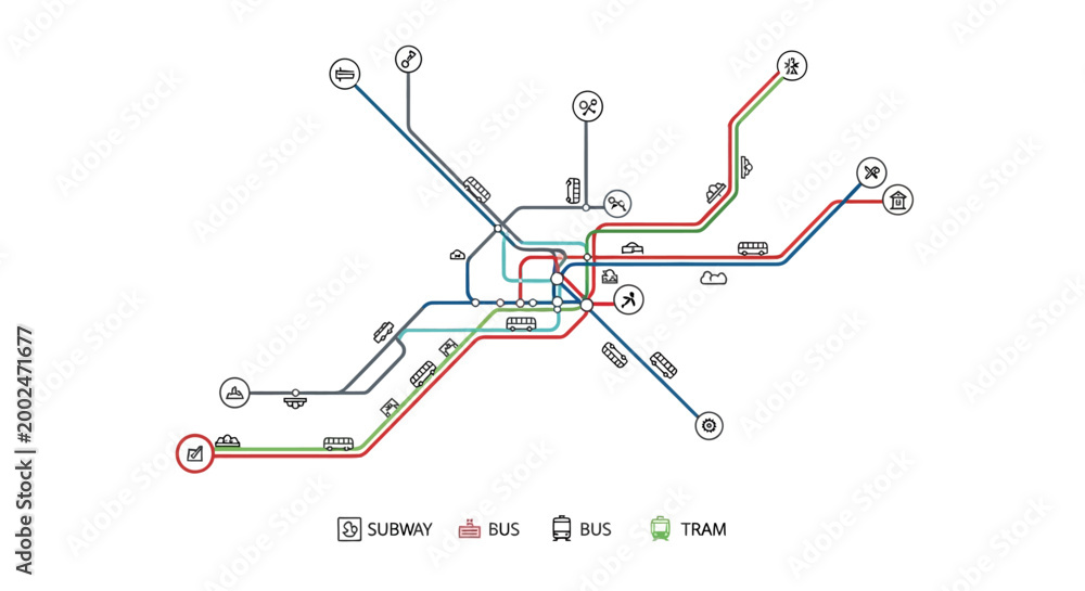 Obraz premium Minimalist public transport transit system map with subway bus and tram lines