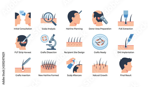 Hair transplant procedure steps shown on white background