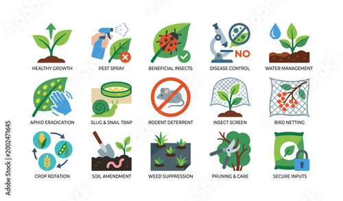 Garden and pest control icons showing plant care actions on white