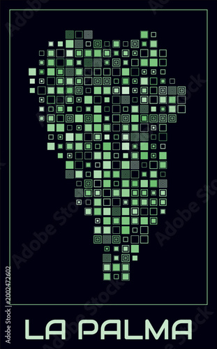 La Palma digital style map. Large square dots on dark background. Dotted shape of the island. La Palma map and title. Classy vector illustration.