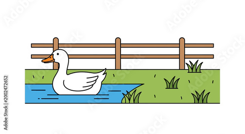 A cute white duck swims in a blue pond near a wooden fence.