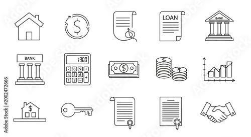 Collection of banking and finance line icons for real estate and business investment