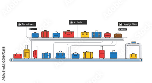 Vector illustration of suitcases on conveyor belts at an airport.