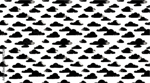 A playful, repeating pattern of black and white clouds, evoking a sense of imagination and dreamy skies, perfect for whimsical designs and creative projects
