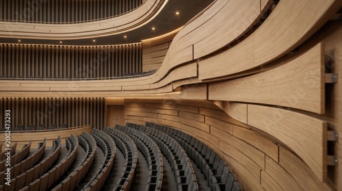 Modern wooden concert hall interior with curved acoustic wall panels and rows of empty auditorium seats