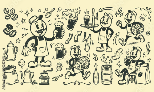 American Viral Drink Vintage 1930s Rubber Hose Style Nitro Coffee Barista Mascot and Brewery Doodle Set